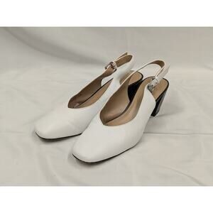 Gunmetal White Leather Slingback block heel pumps Business Work Womens Sz 9